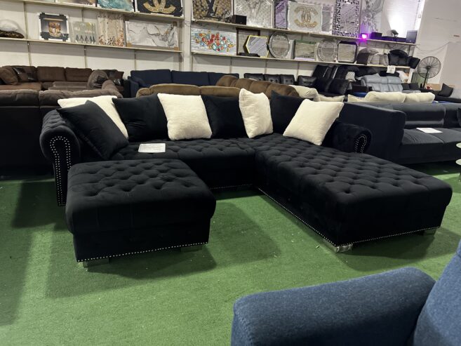 Black Velvet Sectional Sofa with Ottoman and Pillows