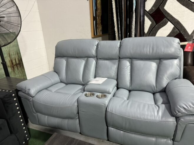 Top grain leather reclining loveseat with cupholders and usb chargers. Blue