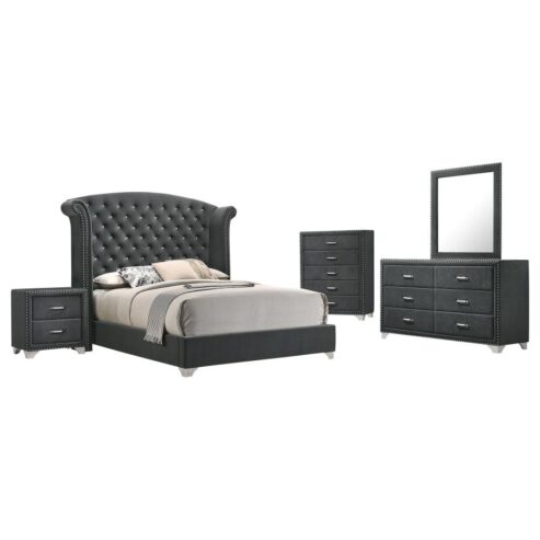 5 Piece Gray Velvet Bedroom Set, Mattress Sold Separately