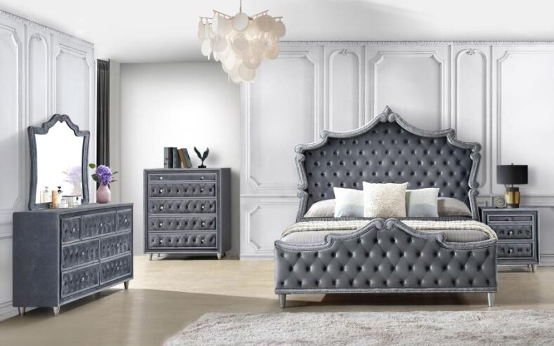 5 Piece Gray Velvet Bedroom Set Includes Bed Frame, dresser, mirror, NS and Chest Mattress Sold Seperately