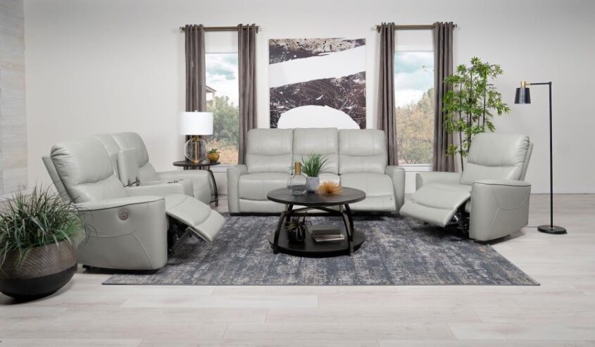 Three Piece Power Reclining Ivory Sofa, Loveseat and Chair